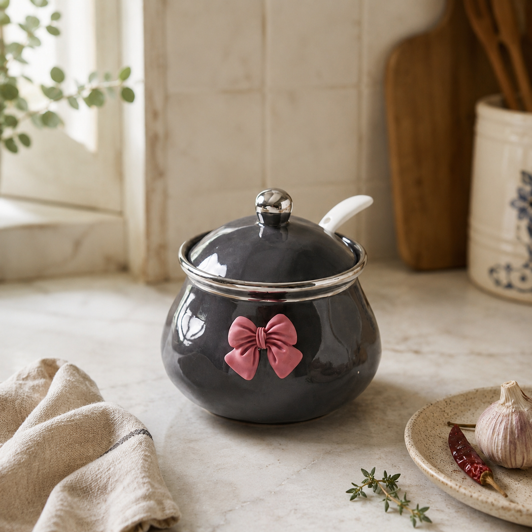 Bowlet Ceramic Seasoning Jar with Bow Accent, Lid and Spoon
