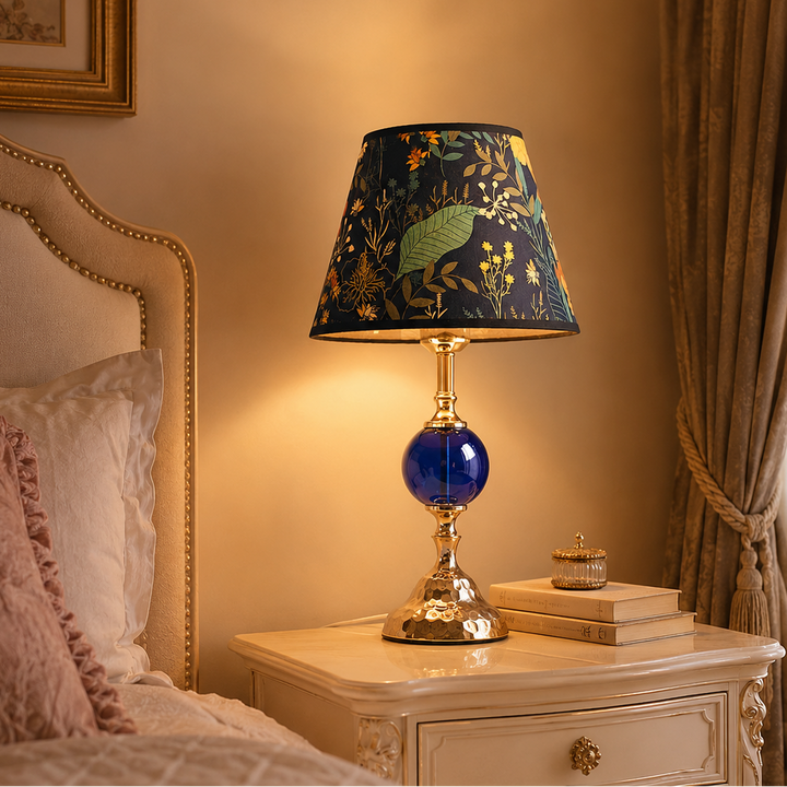 Amora Botanical | Print Glass Ball Table Lamp with Hammered Gold-Tone Base