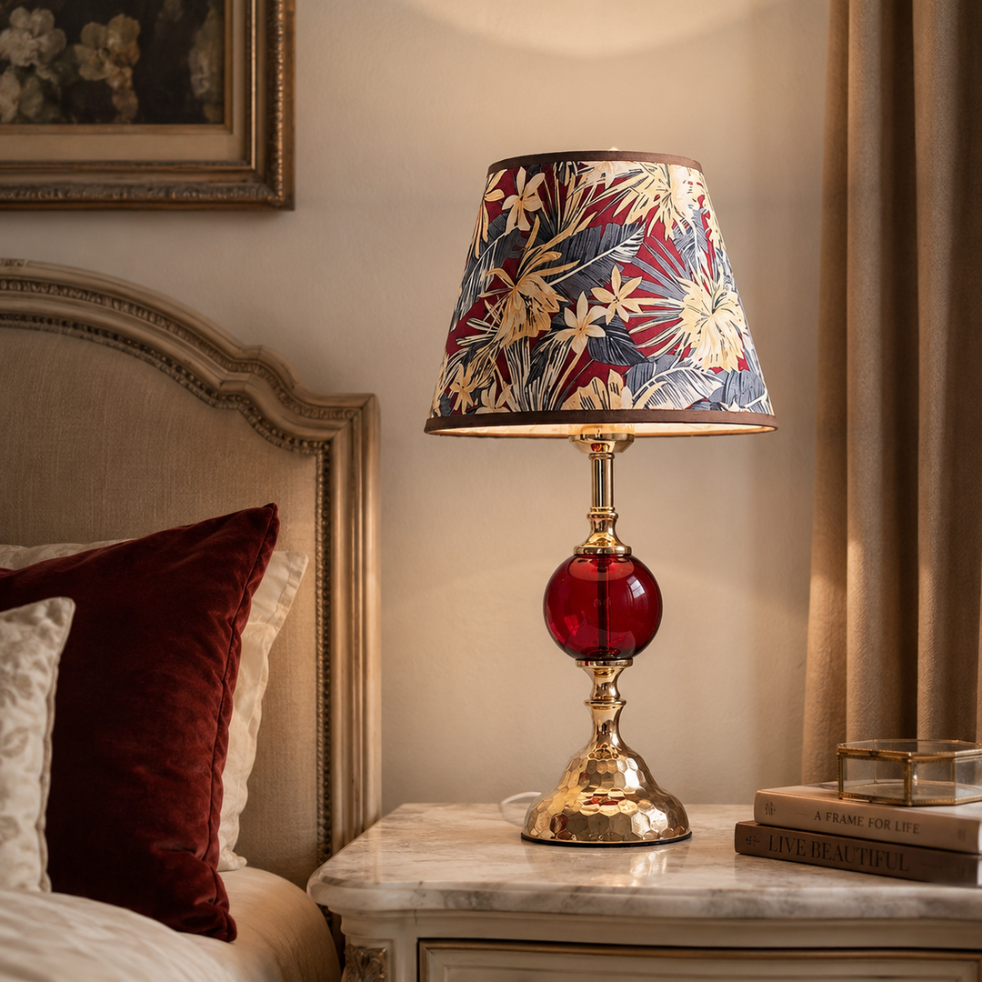 Amora Botanical | Print Glass Ball Table Lamp with Hammered Gold-Tone Base