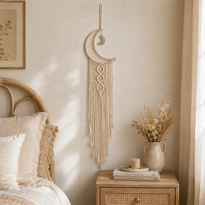 Crescente Boho Moon Macrame Wall Hanging | Celestial Cotton Fringe Tapestry for Bedroom & Nursery