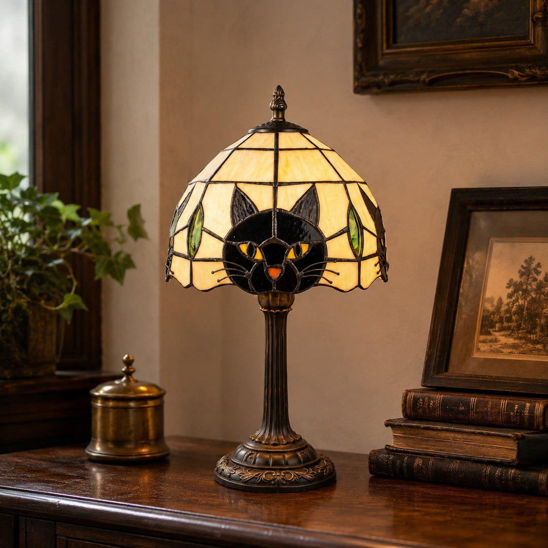 Gatto Stained Glass Cat Table Lamp | Tiffany-Style Vintage Bedside & Desk Accent Light