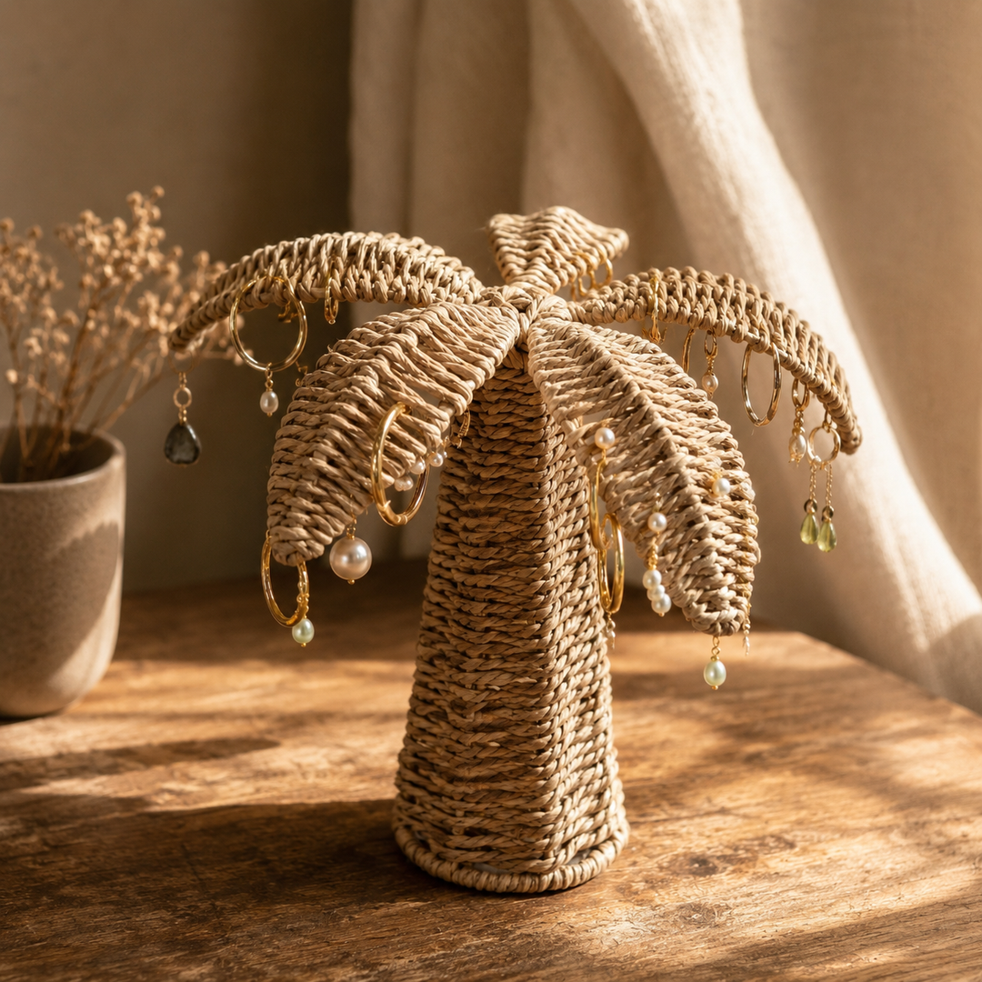 Palma Woven Palm Tree Jewelry Organizer | Boho Coastal Earring & Necklace Stand