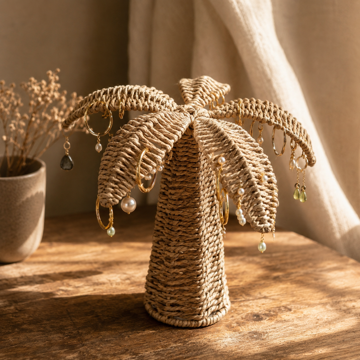Palma Woven Palm Tree Jewelry Organizer | Boho Coastal Earring & Necklace Stand