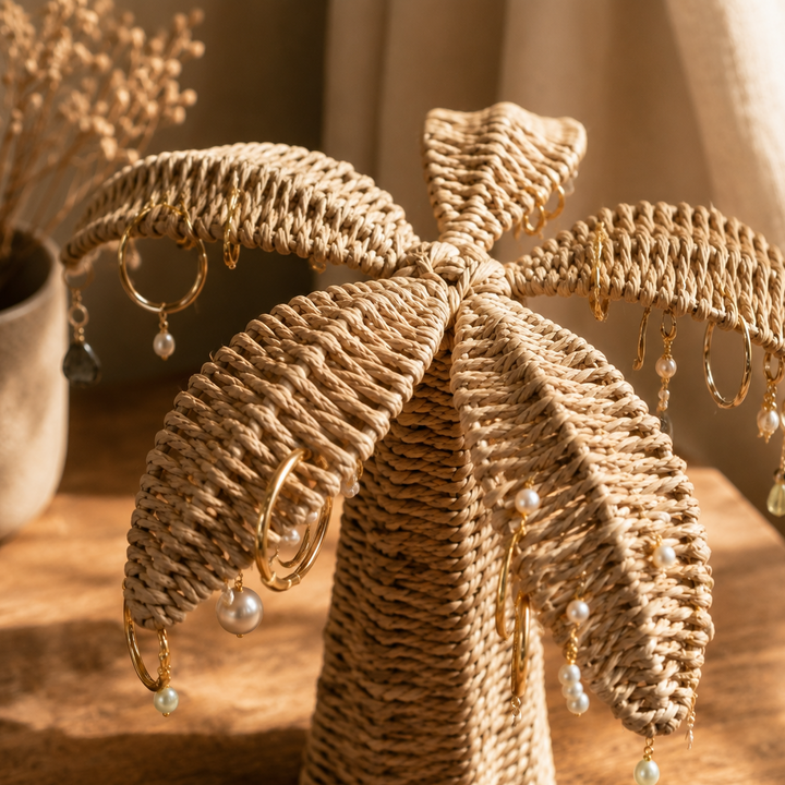 Palma Woven Palm Tree Jewelry Organizer | Boho Coastal Earring & Necklace Stand