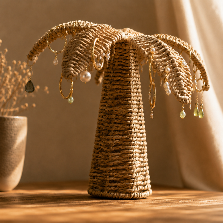 Palma Woven Palm Tree Jewelry Organizer | Boho Coastal Earring & Necklace Stand