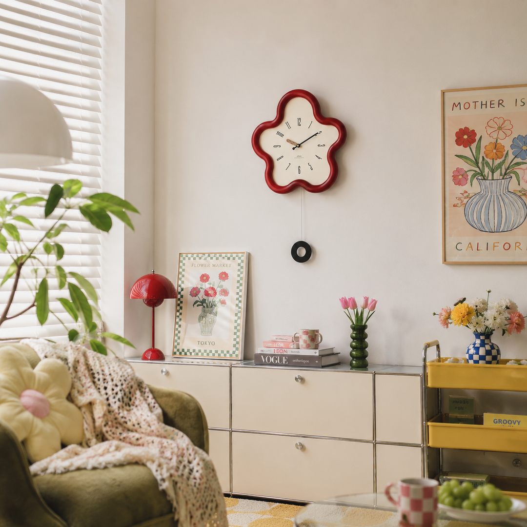 Bloomi Whimsical Scalloped Wall Clock, Flower Silhouette with Swinging Pendulum