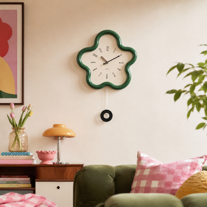 Bloomi Whimsical Scalloped Wall Clock, Flower Silhouette with Swinging Pendulum