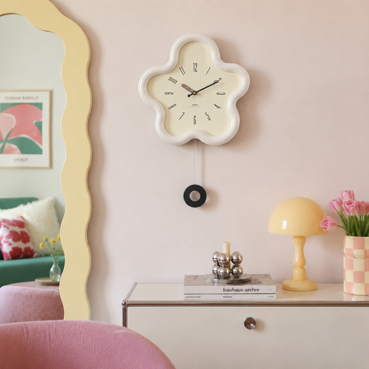 Bloomi Whimsical Scalloped Wall Clock, Flower Silhouette with Swinging Pendulum