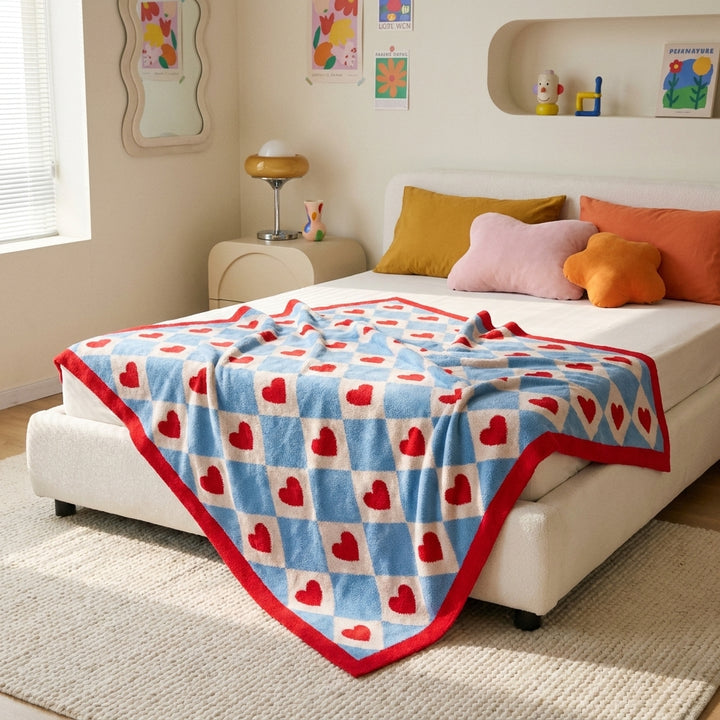 Corae | Heart Checkered Throw Blanket, Soft Korean-Style Coral Fleece