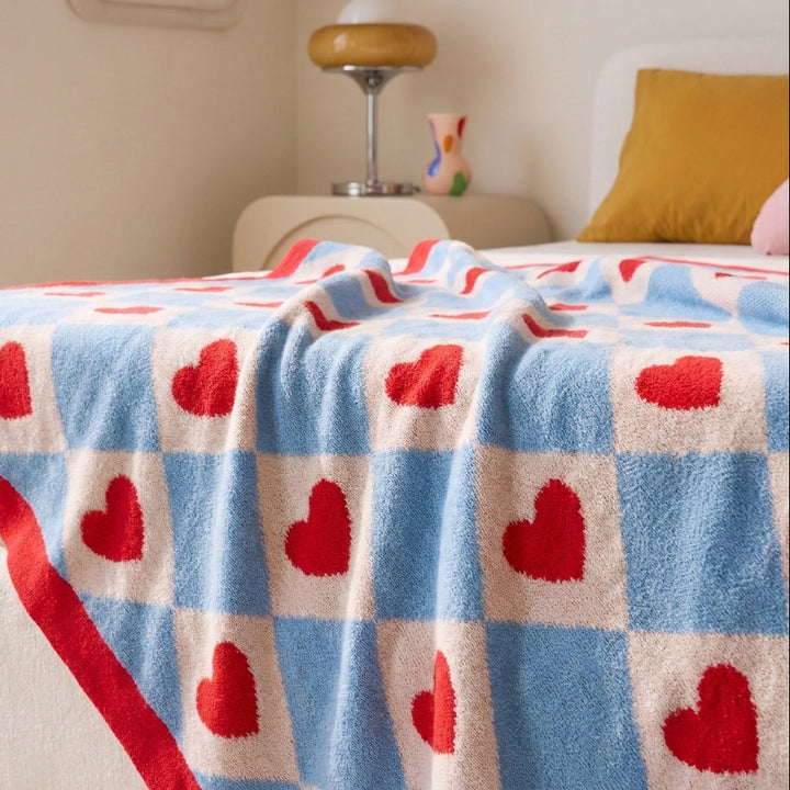 Corae | Heart Checkered Throw Blanket, Soft Korean-Style Coral Fleece