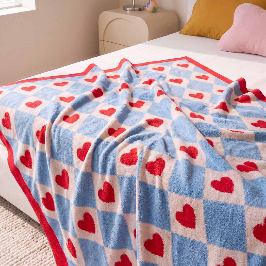 Corae | Heart Checkered Throw Blanket, Soft Korean-Style Coral Fleece