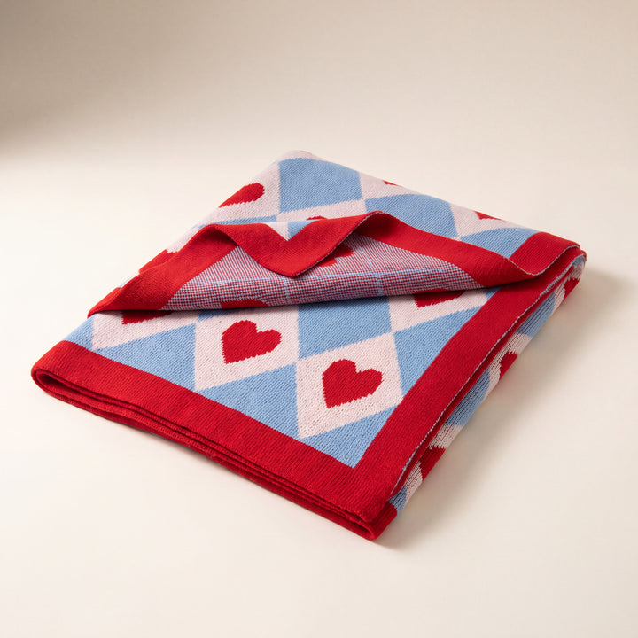 Corae | Heart Checkered Throw Blanket, Soft Korean-Style Coral Fleece