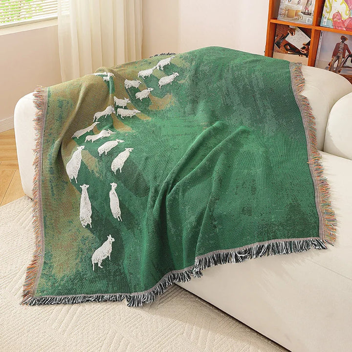 Elara | Throw Blanket – Scenic Sheep Design, Jacquard Fabric 1