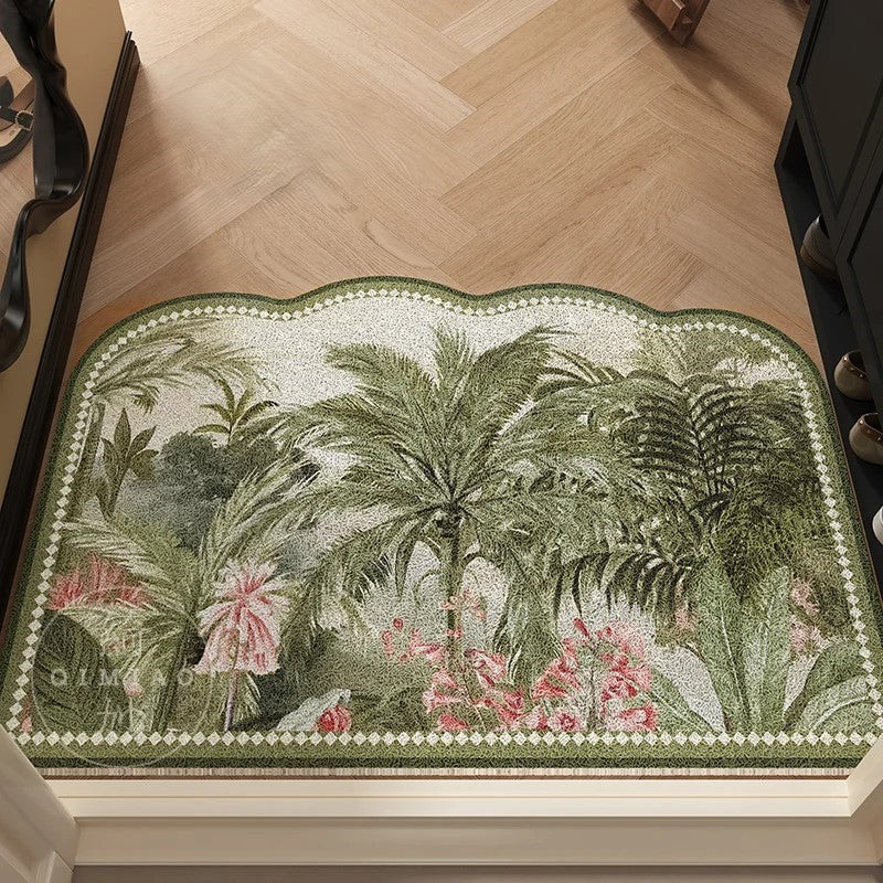Vergel | Indoor Entryway Botanical Door Mat – Non-Slip Rubber Backing, Decorative Scalloped Edge