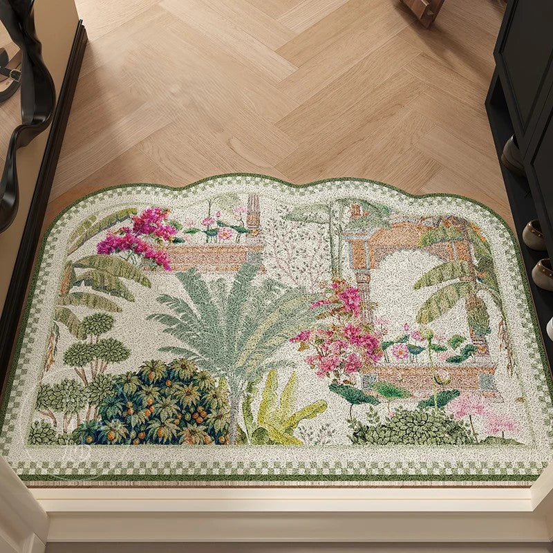 Vergel | Indoor Entryway Botanical Door Mat – Non-Slip Rubber Backing, Decorative Scalloped Edge