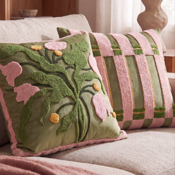 Flori | Retro Tufted Throw Pillow Cover with Botanical and Geometric Pattern
