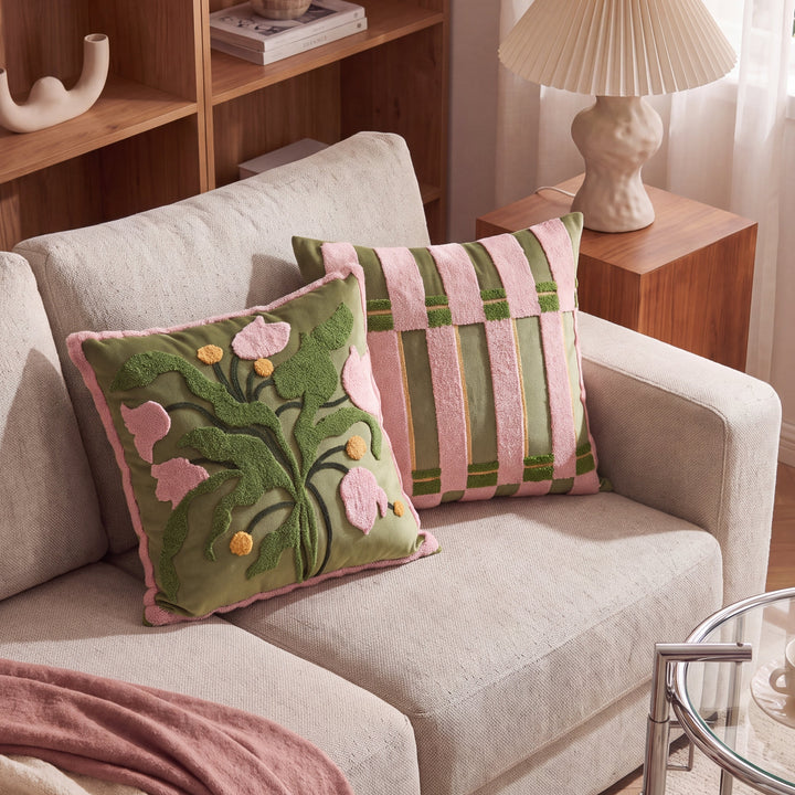 Flori | Retro Tufted Throw Pillow Cover with Botanical and Geometric Pattern