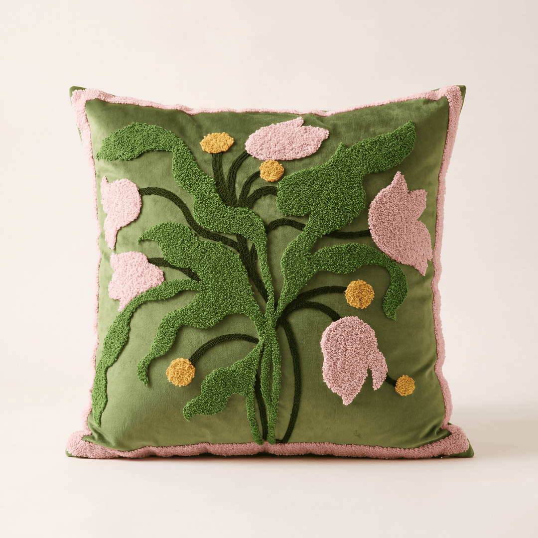 Flori | Retro Tufted Throw Pillow Cover with Botanical and Geometric Pattern