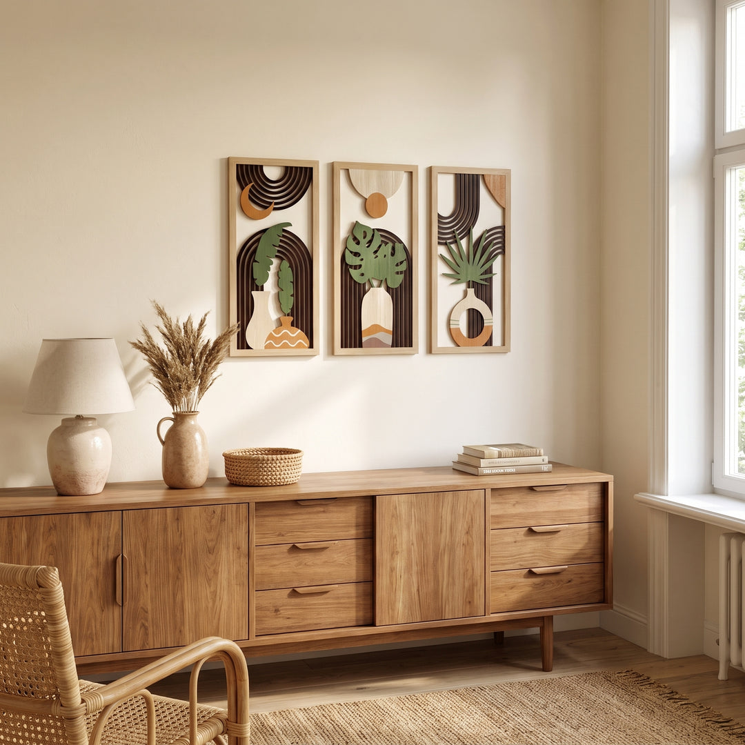 Aven | Boho Wood Wall Art Set with Framed Abstract Cutout Panels
