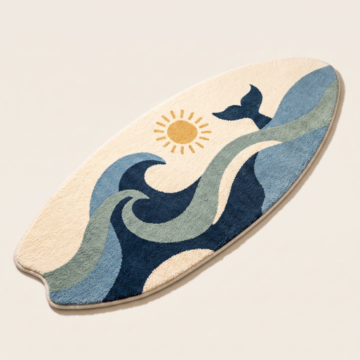 Nami | Coastal Surfboard Shaped Floor Rug with Whale and Wave Artwork