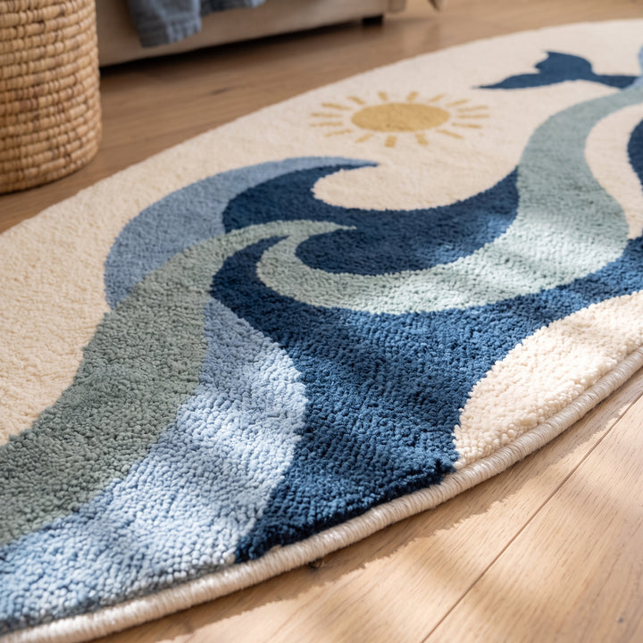 Nami | Coastal Surfboard Shaped Floor Rug with Whale and Wave Artwork