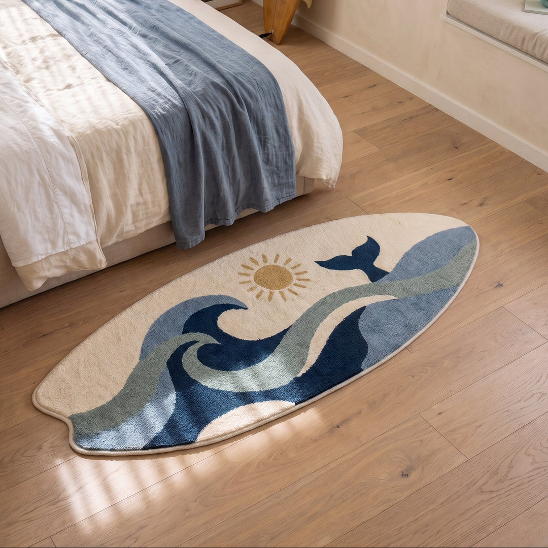 Nami | Coastal Surfboard Shaped Floor Rug with Whale and Wave Artwork
