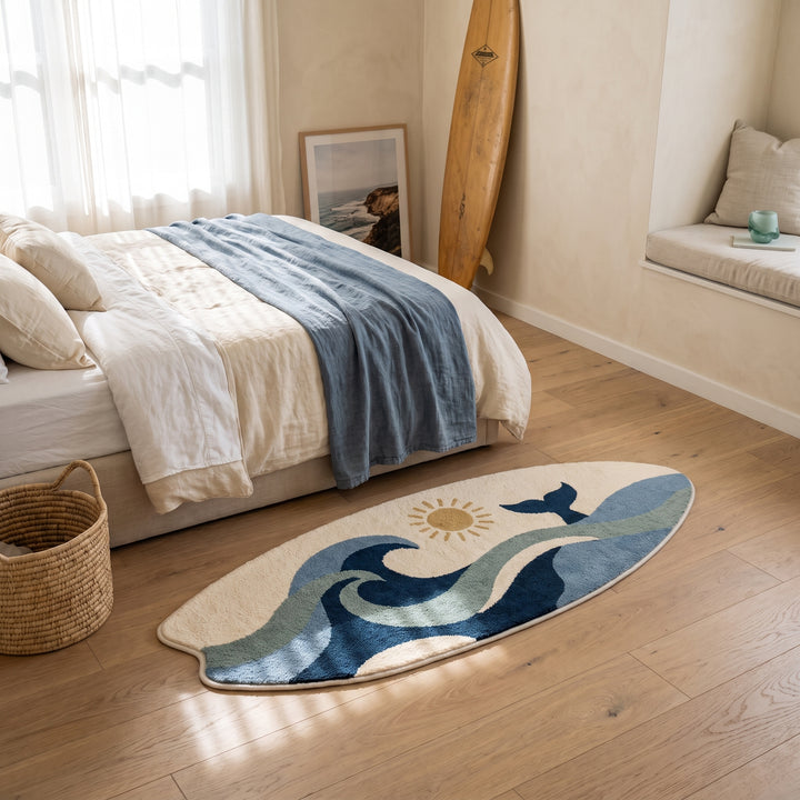 Nami | Coastal Surfboard Shaped Floor Rug with Whale and Wave Artwork