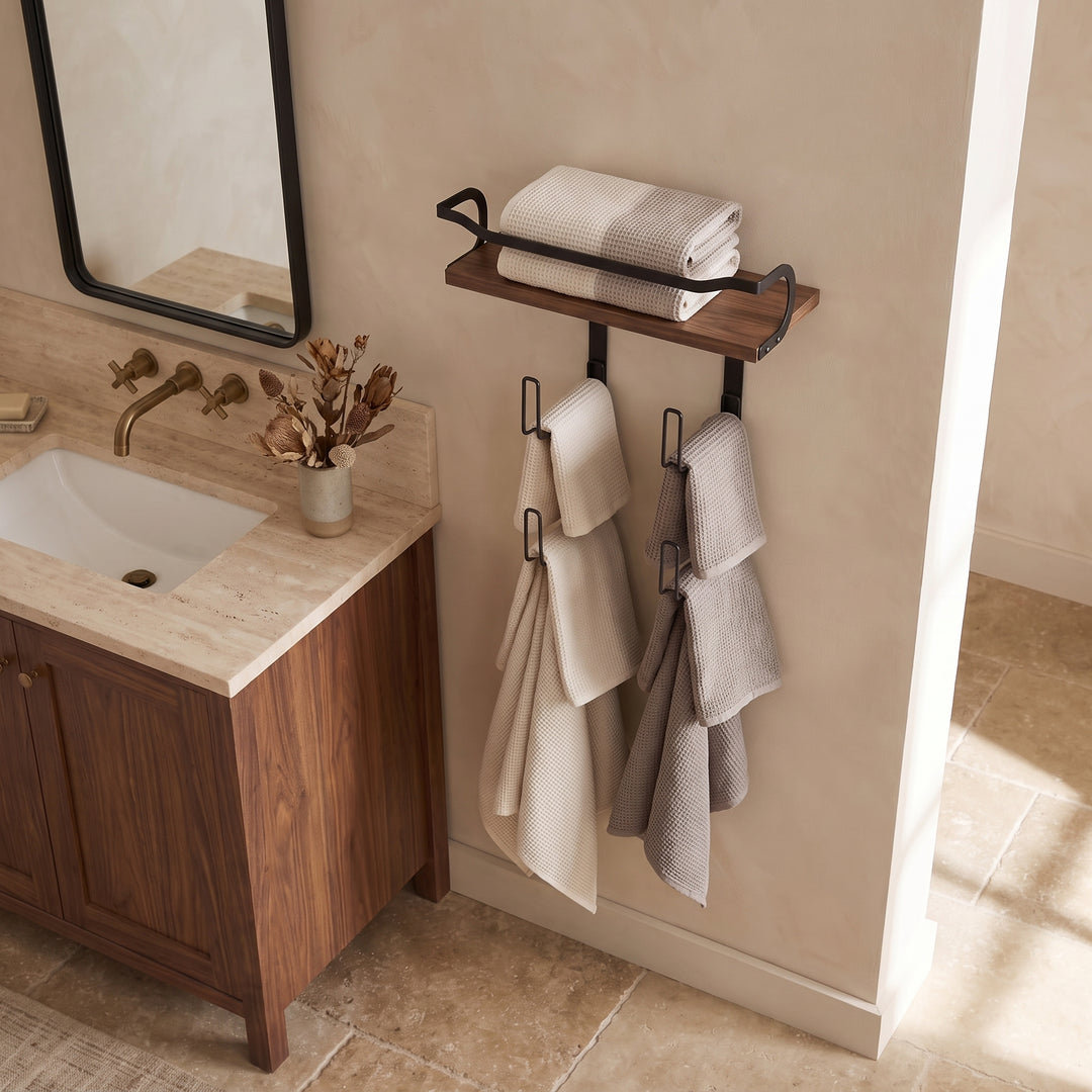 Nori | Industrial Bathroom Towel Rack with Wood Shelf and Tiered Wall Storage