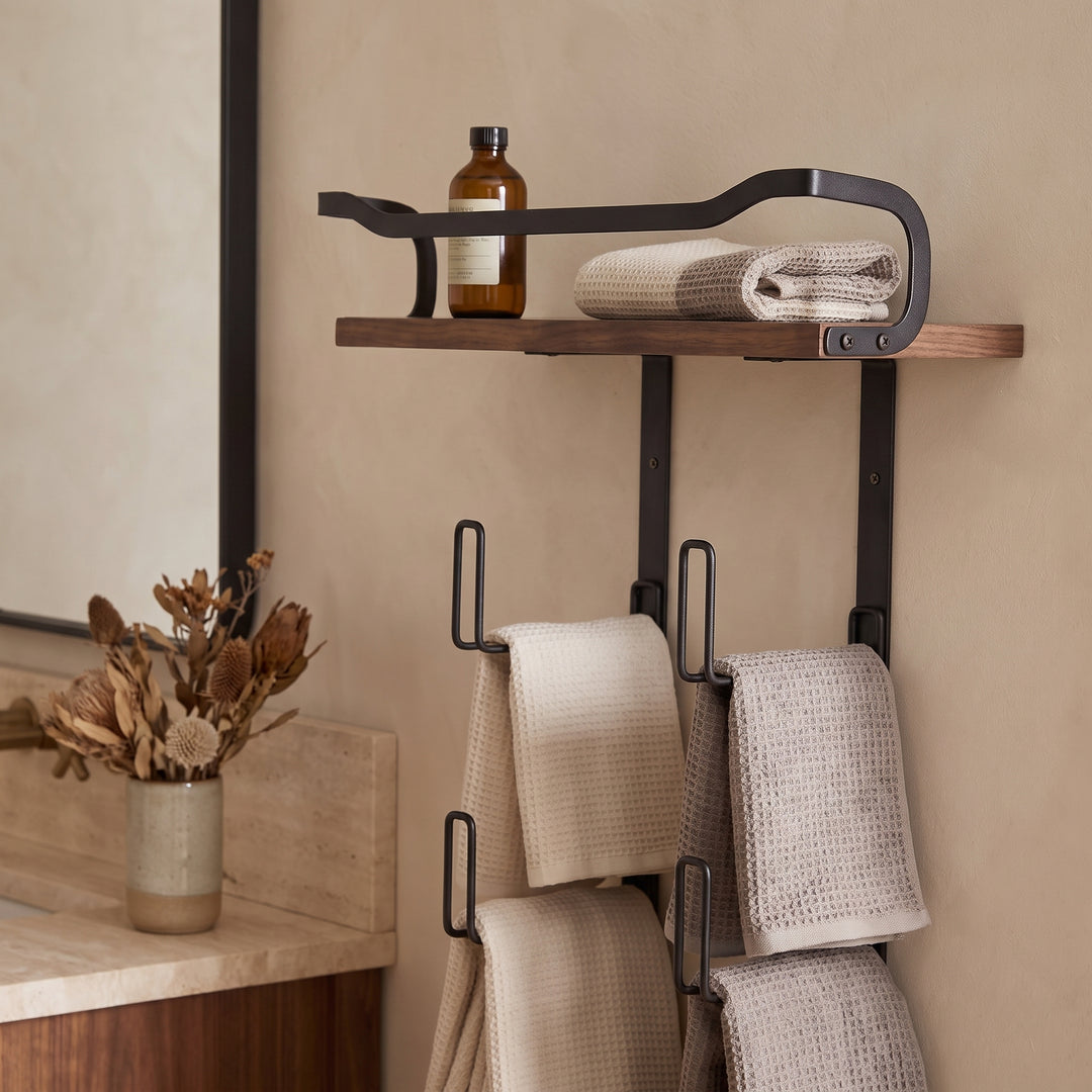 Nori | Industrial Bathroom Towel Rack with Wood Shelf and Tiered Wall Storage