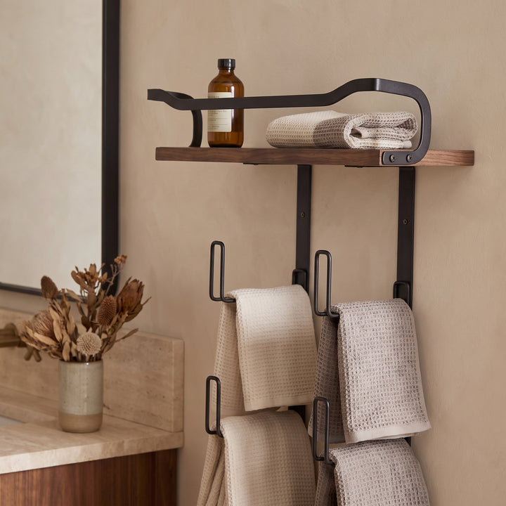 Nori | Industrial Bathroom Towel Rack with Wood Shelf and Tiered Wall Storage