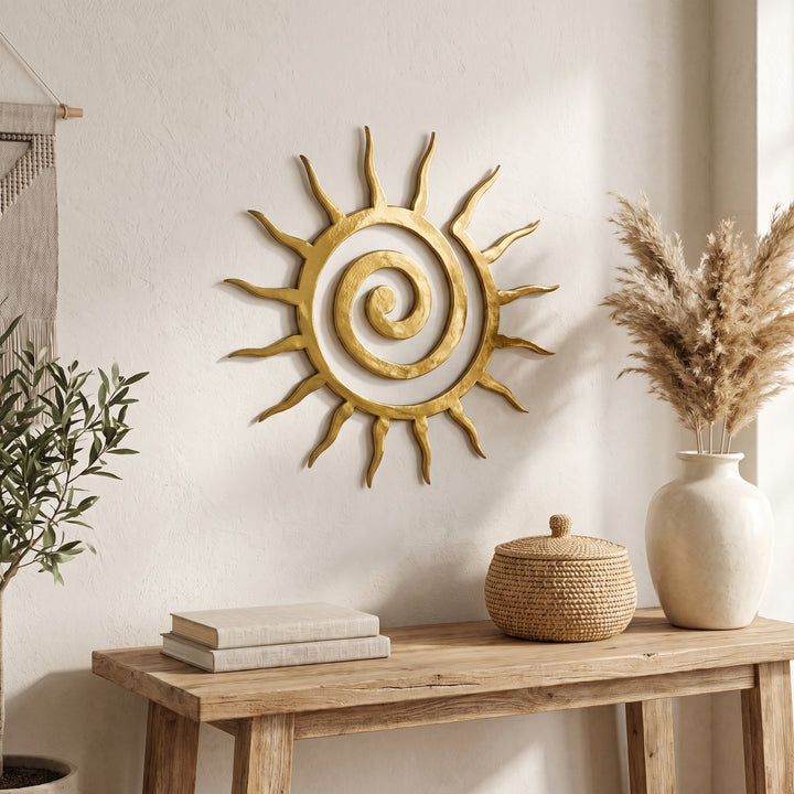 Solei Spiral Sun Metal Wall Art | Boho Gold Celestial Wall Sculpture for Living Room & Entryway