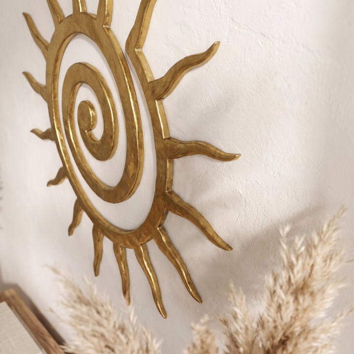 Solei Spiral Sun Metal Wall Art | Boho Gold Celestial Wall Sculpture for Living Room & Entryway