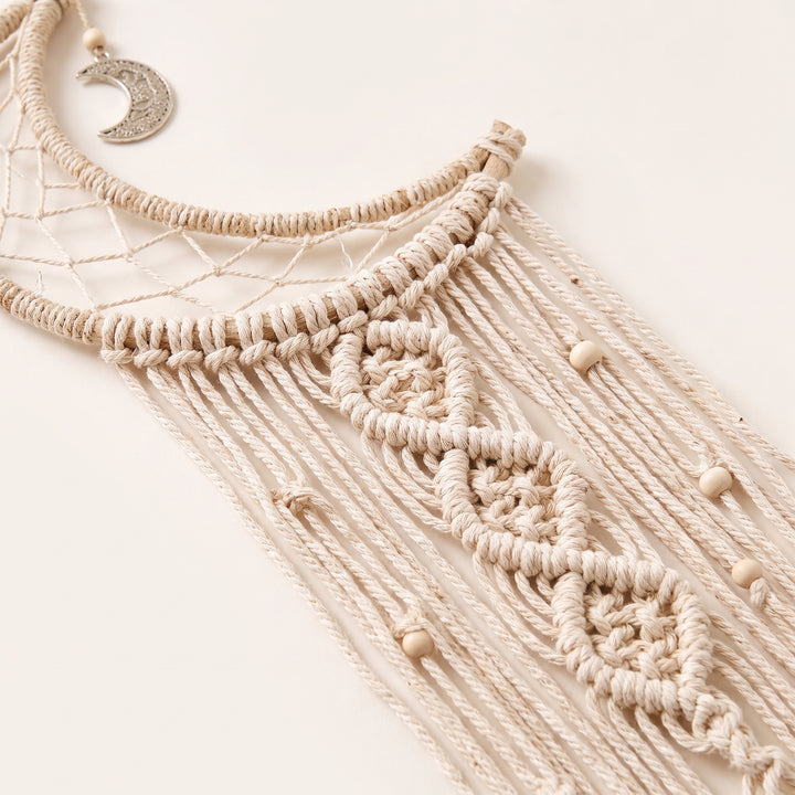 Crescente Boho Moon Macrame Wall Hanging | Celestial Cotton Fringe Tapestry for Bedroom & Nursery