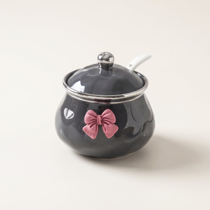 Bowlet Ceramic Seasoning Jar with Bow Accent, Lid and Spoon