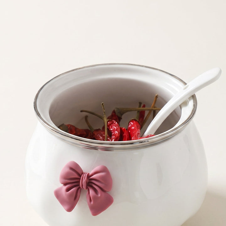 Bowlet Ceramic Seasoning Jar with Bow Accent, Lid and Spoon