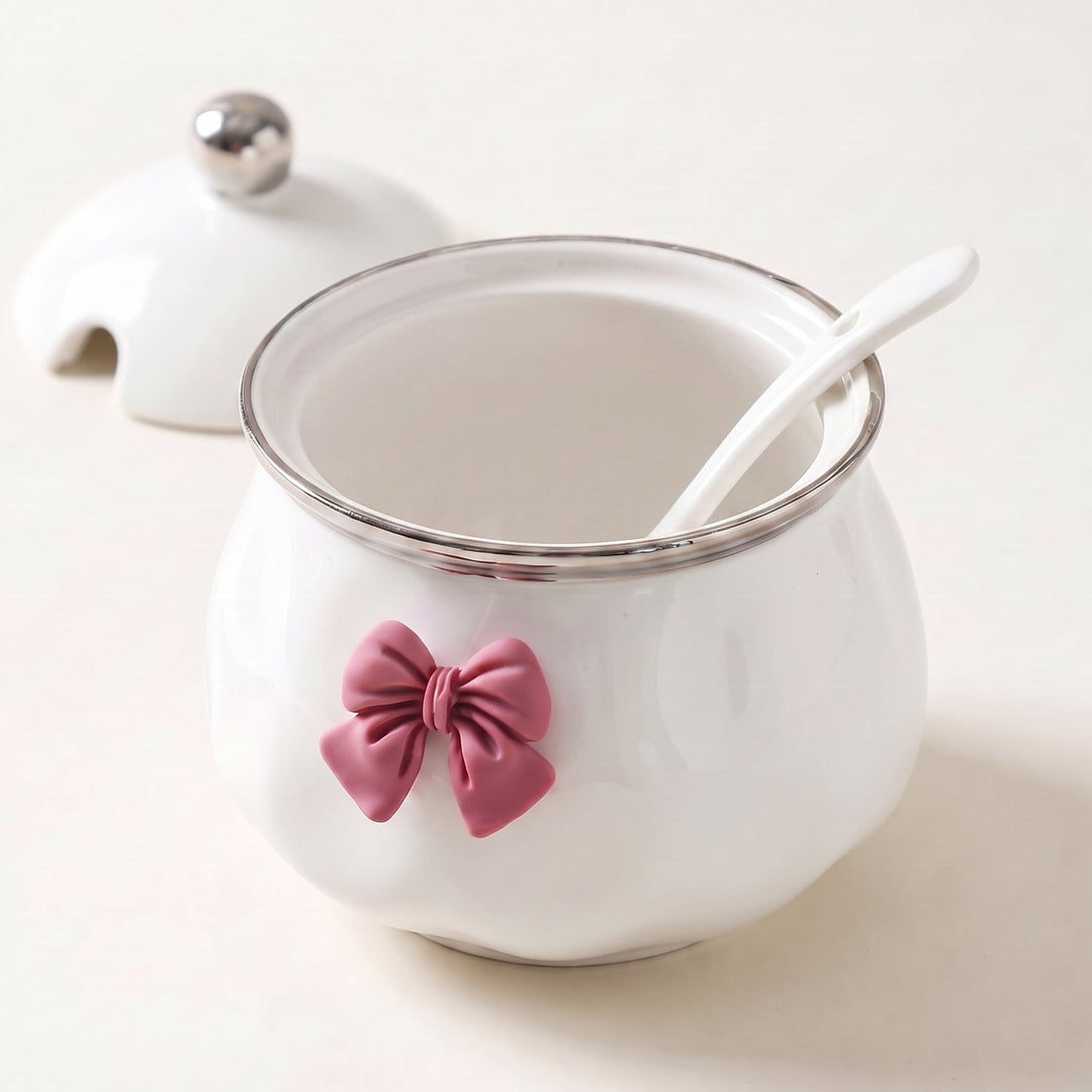 Bowlet Ceramic Seasoning Jar with Bow Accent, Lid and Spoon