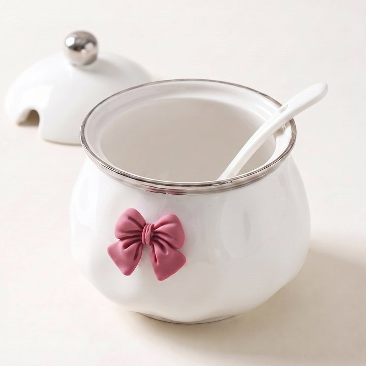 Bowlet Ceramic Seasoning Jar with Bow Accent, Lid and Spoon