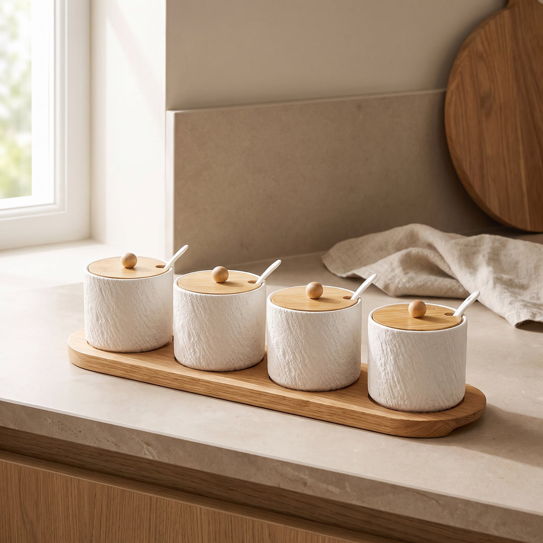 Grano | Textured Ceramic Seasoning Jar Set with Wood Lid and Spoon