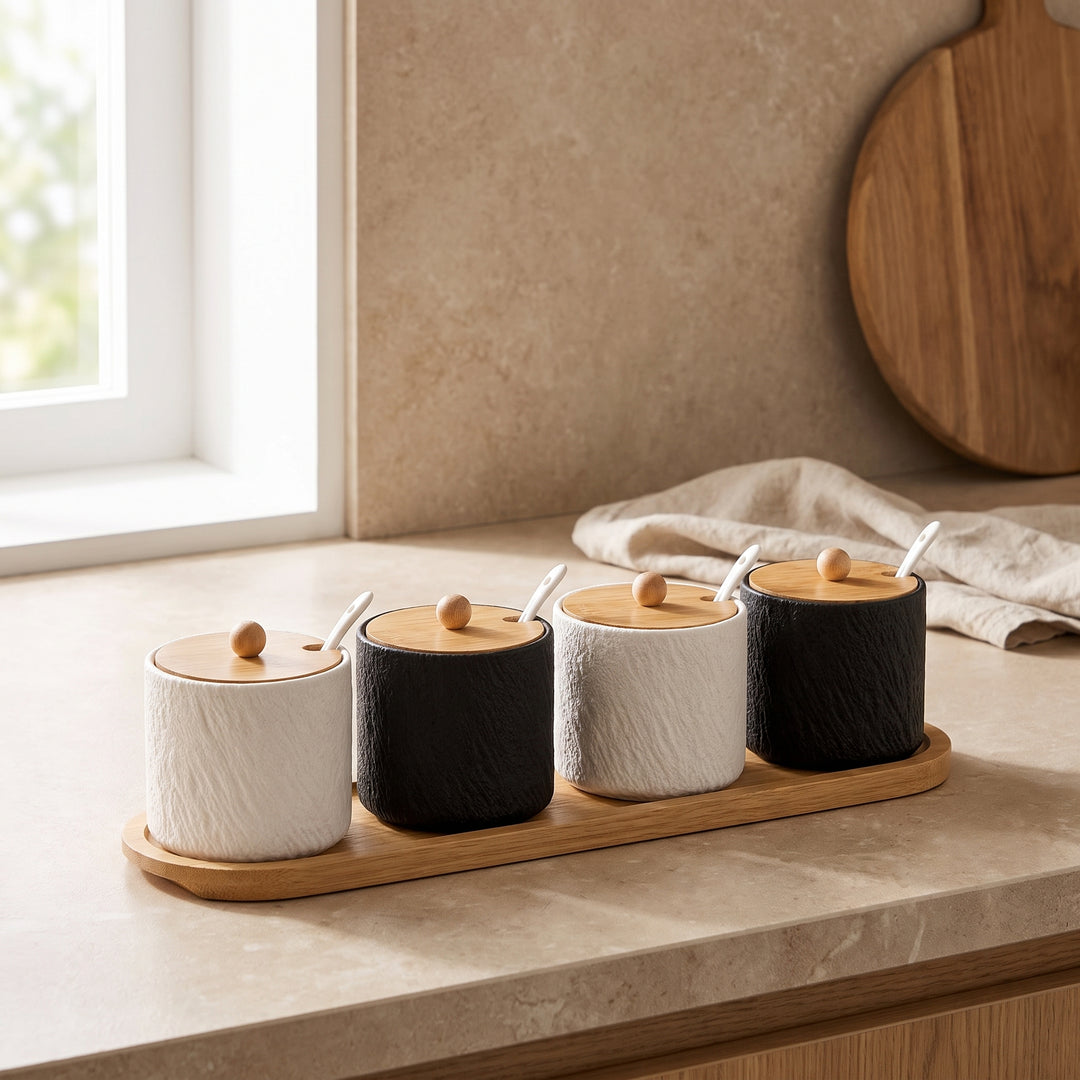 Grano | Textured Ceramic Seasoning Jar Set with Wood Lid and Spoon