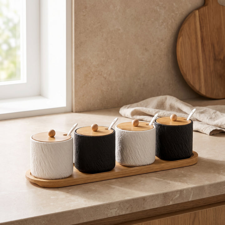 Grano | Textured Ceramic Seasoning Jar Set with Wood Lid and Spoon