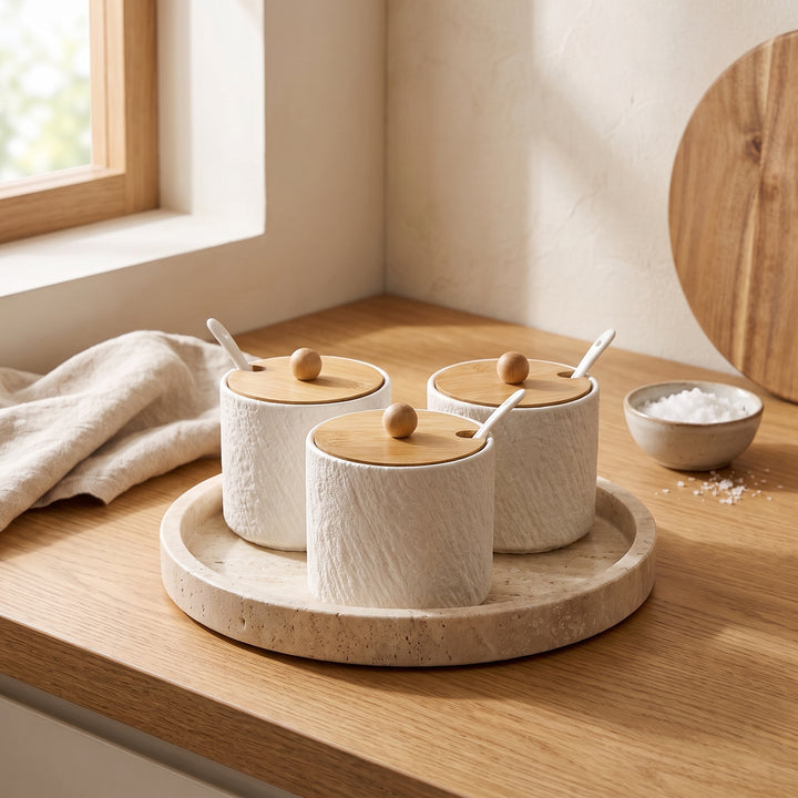 Grano | Textured Ceramic Seasoning Jar Set with Wood Lid and Spoon