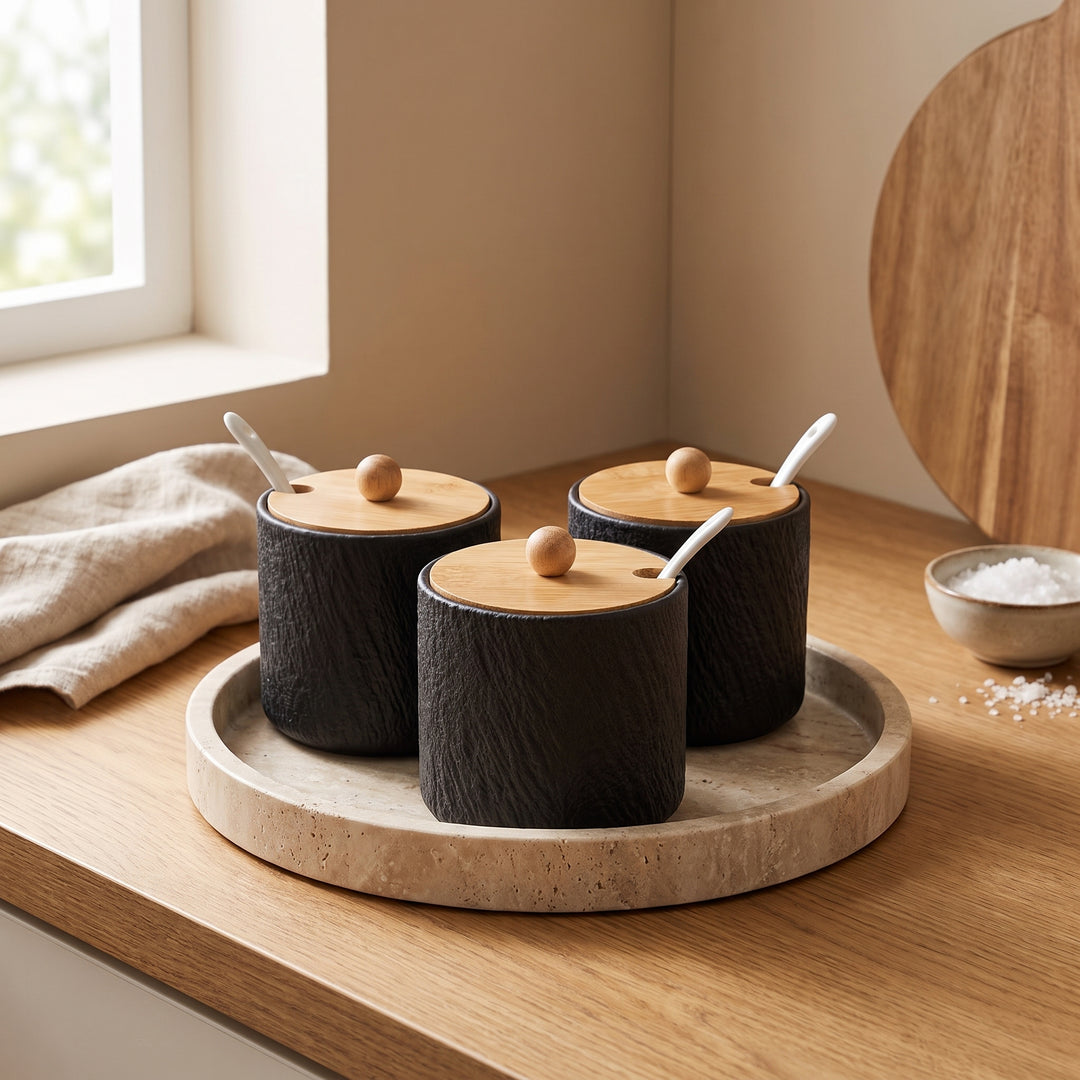 Grano | Textured Ceramic Seasoning Jar Set with Wood Lid and Spoon