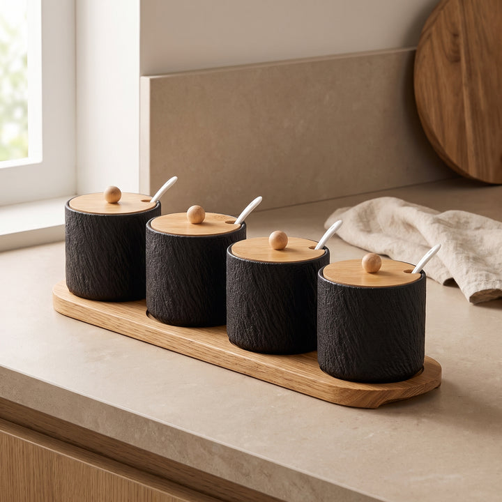 Grano | Textured Ceramic Seasoning Jar Set with Wood Lid and Spoon