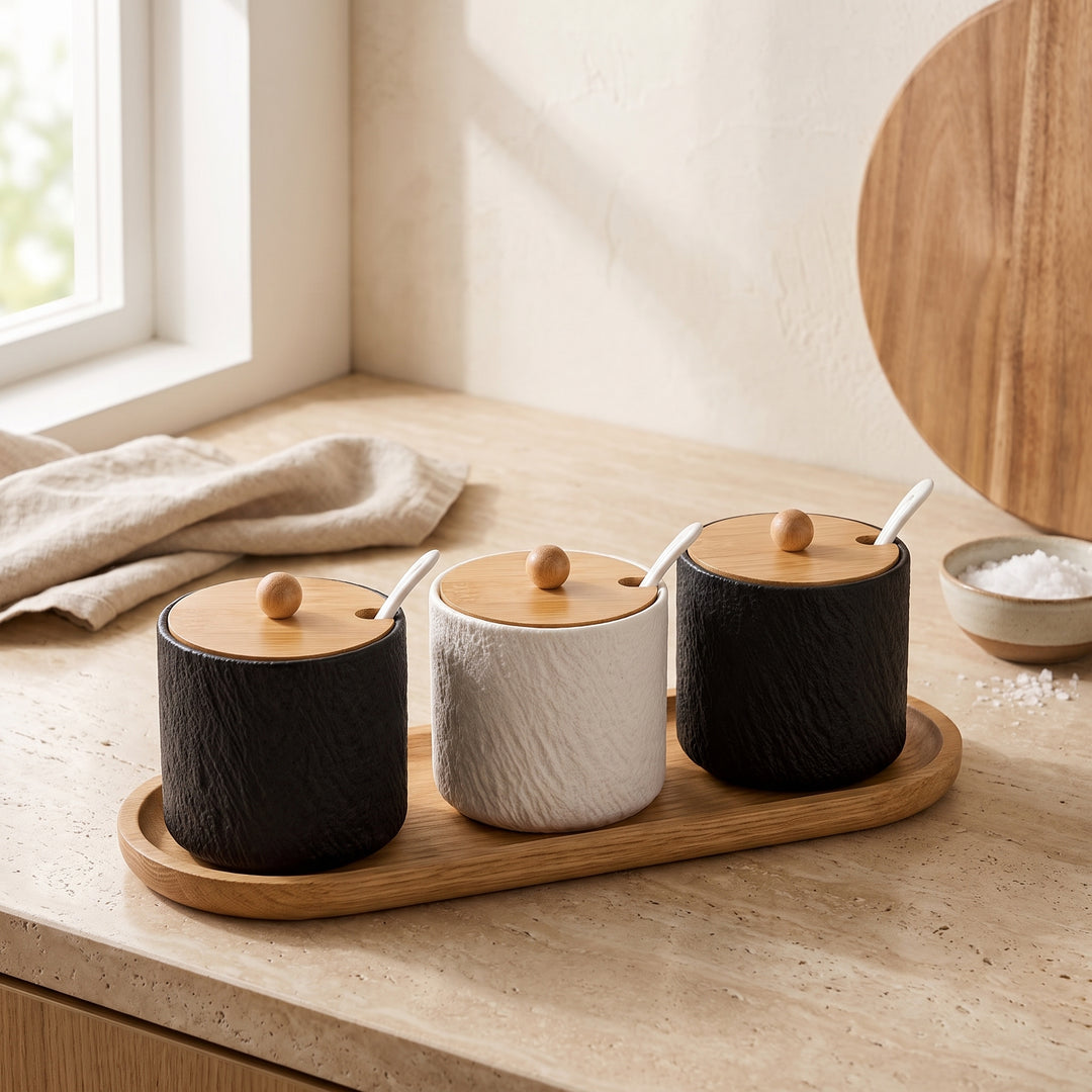 Grano | Textured Ceramic Seasoning Jar Set with Wood Lid and Spoon