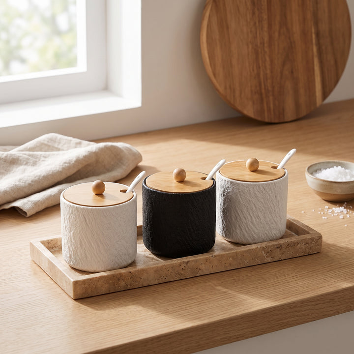 Grano | Textured Ceramic Seasoning Jar Set with Wood Lid and Spoon