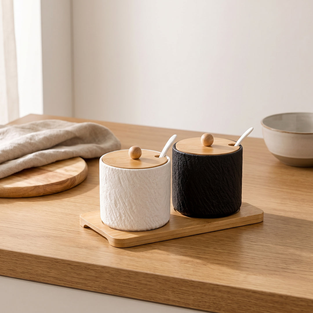 Grano | Textured Ceramic Seasoning Jar Set with Wood Lid and Spoon