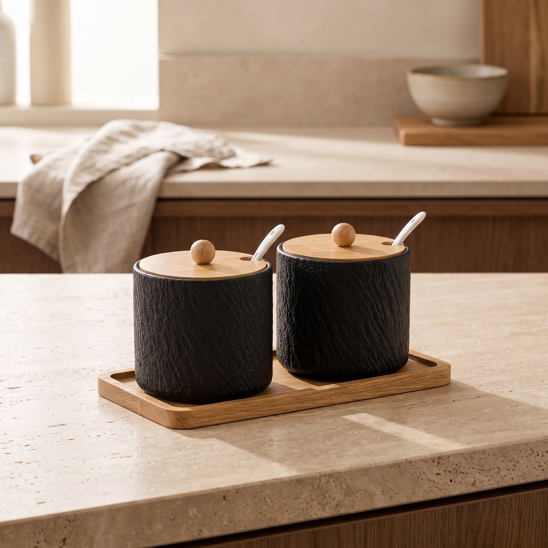 Grano | Textured Ceramic Seasoning Jar Set with Wood Lid and Spoon
