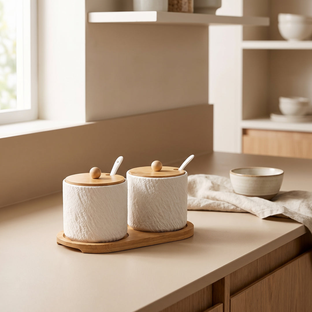 Grano | Textured Ceramic Seasoning Jar Set with Wood Lid and Spoon