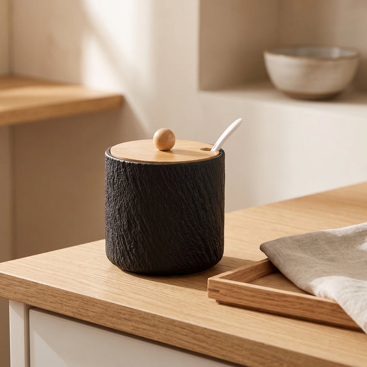 Grano | Textured Ceramic Seasoning Jar Set with Wood Lid and Spoon