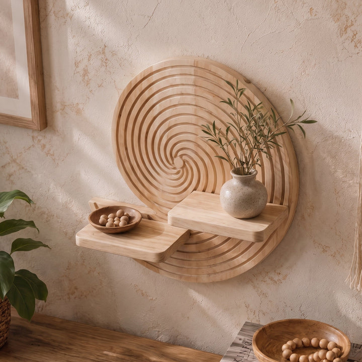 Nooki | Carved Wood Wall Shelf with Spiral Groove Detail and Ledge